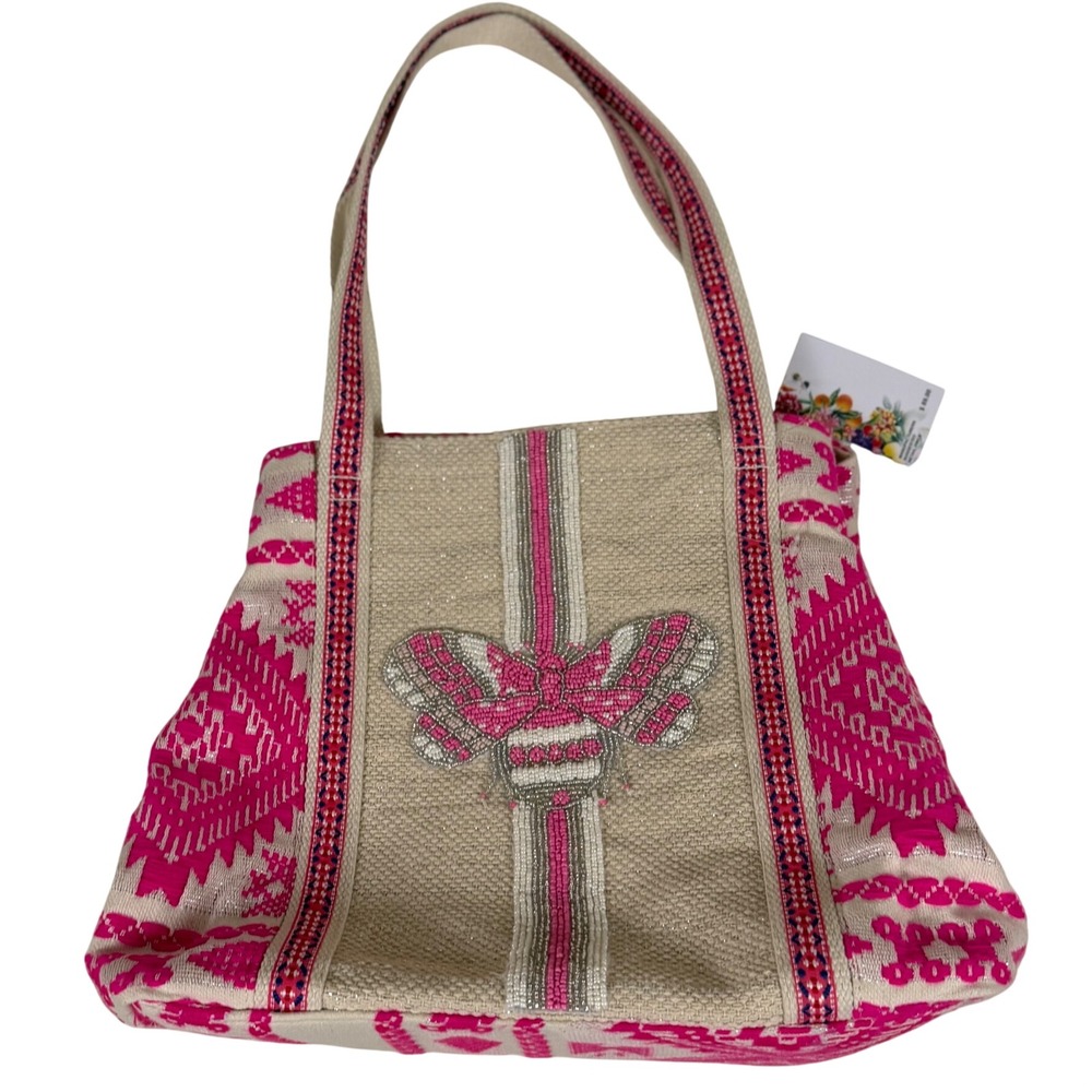 Express Edit Tote Bag Womens Medium Pink NWT Beaded Bee Woven